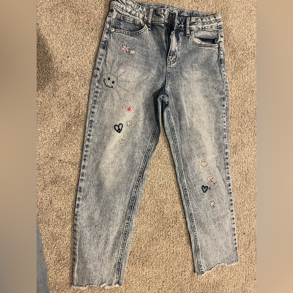 Girls denim jeans with embroidery- flower, sunshine and heart/peace
